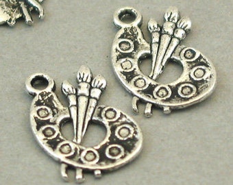 Palette Charms, Paint Palette and Brush pendant beads, up to 16 pcs, Antique Silver 11X17mm CM1039S