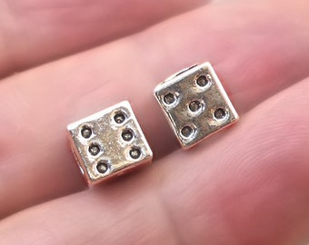 Dice Large Hole Beads, Lucky Dice pendant beads, up to 30 pcs, Antique Silver 7X7X7mm BD0174S