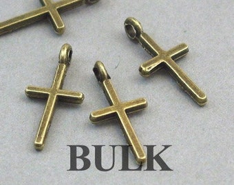 BULK 80 Cross Charms, Wholesale Small Cross pendant beads, Antique Bronze 8X17mm CM1260B