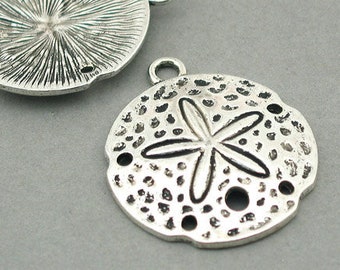 Sand Dollar Charms, Large Shell pendant beads, up to 4 pcs, Antique Silver 30X35mm CM0774S