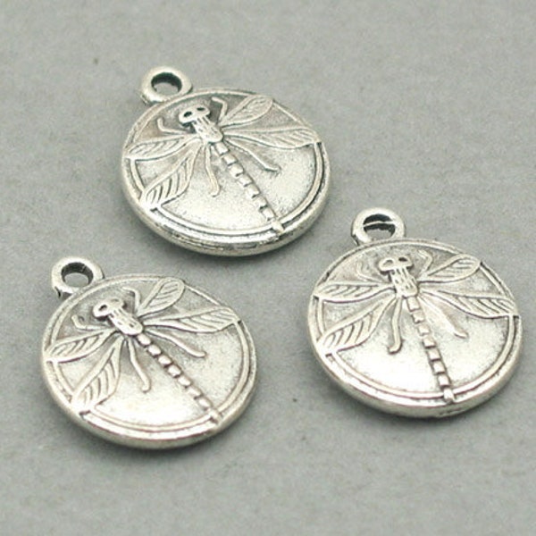 Dragonfly Charms, Dragonfly Disc pendant beads, up to 8 pcs, Antique Silver 15mm CM0804S