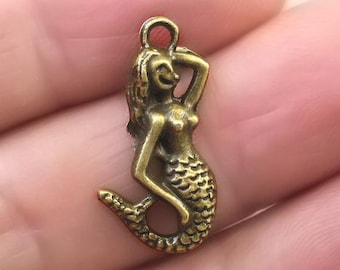 Mermaid Charms, Mermaid pendant beads, up to 40 pcs, Antique Bronze 13X24mm CM1527B