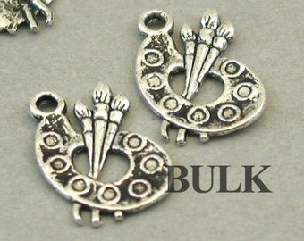 BULK 40 Palette Charms, Wholesale Paint Palette and Brush pendant beads, Antique Silver 11X17mm CM1039S