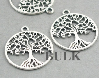 BULK 20 Tree Charms, Wholesale Tree of Life pendant beads, Antique Silver 25mm CM0739S