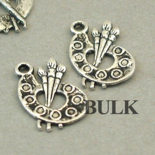 BULK 40 Palette Charms, Wholesale Paint Palette and Brush pendant beads, Antique Silver 11X17mm CM1039S