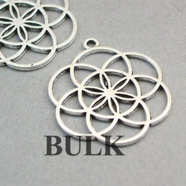 Lote de 15 cuentas colgantes de flores con forma de semilla de la vida, plata antigua, 31 x 36 mm, CM1216S