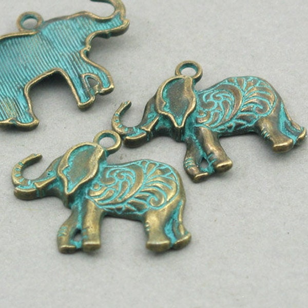 Breloques éléphant, pendentif éléphant vert, jusqu'à 6 pcs, bronze antique 22X25 mm CM1006BR