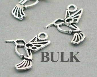 BULK 40 Hummingbird Charms, Wholesale Filigree Flying Bird pendant beads, Antique Silver 16X22mm CM1160S