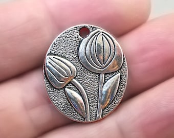 Flower Charms, Tulips Oval Disc pendant beads, up to 8 pcs, Antique Silver 21X24mm CM0329S