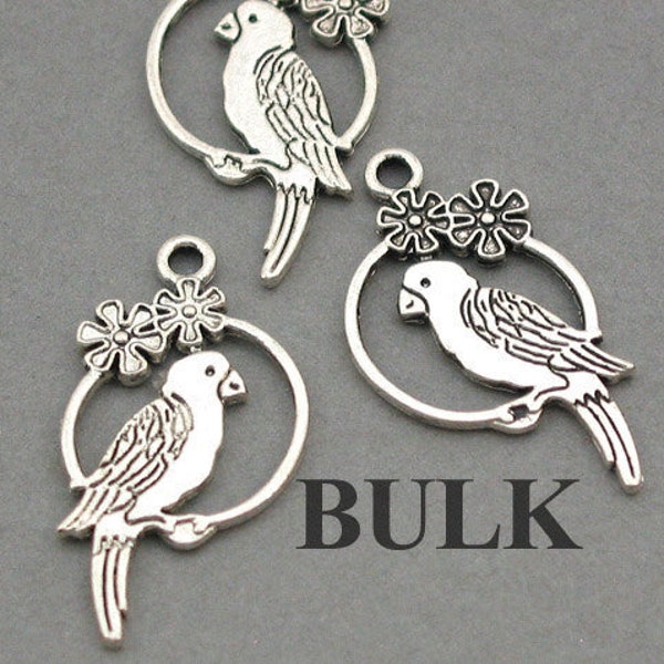 BULK 30 Parrot Charms, Wholesale Bird Perch pendant beads, Antique Silver 15X28mm CM0006S