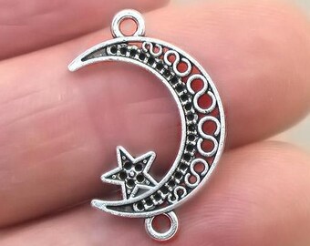 Moon Star Charm Connectors, Crescent Moon Star Link pendant beads, up to 30 pcs, Antique Silver 16X26mm CM1905S