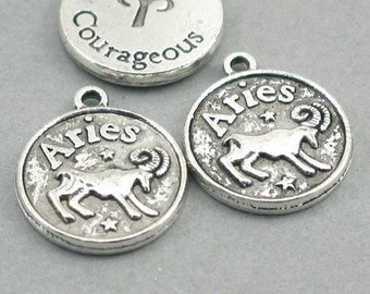 Zodiac Aries Charms, Horoscope Aries Disc pendant beads, March April Birthday, up to 6 pcs, Antique Silver 17mm CM0643S
