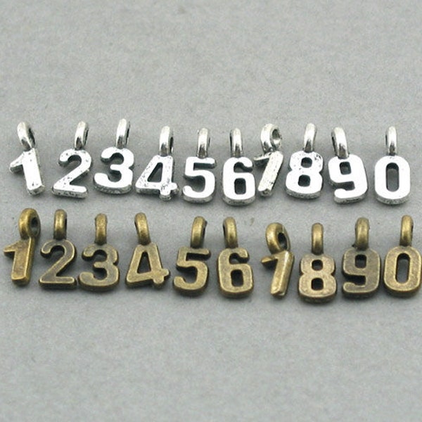 20 Charmes numériques, perles de chiffres arabes, Numéros 0, 1, 2, 3, 4, 5, 6, 7, 8, 9, Argent antique, Bronze antique 3X8mm CM0595to 604S/B