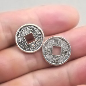 Coin Charms, Feng Shui Chinese lucky Coin pendant beads, up to 12 pcs, Antique Silver 17mm CM1278S