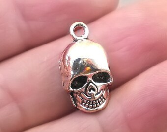 May include: Silver skull charm pendant with a detailed face and a loop for attaching to a necklace or bracelet.