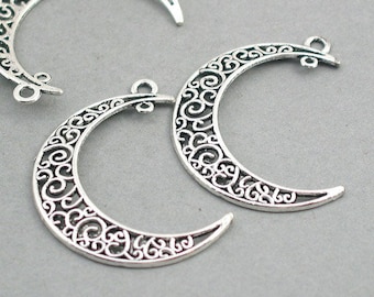 Moon Charm Connectors, Large Crescent Moon Link pendant beads, Filigree Crescent Moon, up to 15 pcs, Antique Silver 31X40mm CM0741S