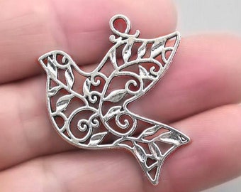 Dove Charms, Large Filigree Peace Dove pendant beads, up to 15 pcs, Antique Silver 32X35mm CM0869S