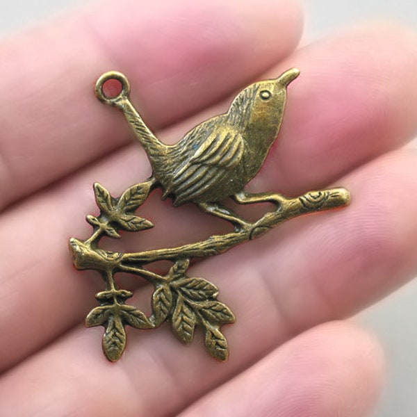Bird Charms, Bird on Branch, Wren pendant beads, up to 10 pcs, Antique Bronze 36X39mm CM1422B