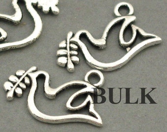 BULK 50 Dove Charms, Wholesale Peace Dove pendant beads, Antique Silver 14X19mm CM0028S