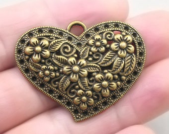 Flower Heart Charms, Large Heart pendant beads, up to 2 pcs, Antique Bronze 32X41mm CM0216B