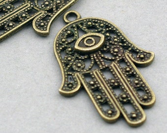 Hamsa Charms, Large Hamsa Hand pendant beads, up to 4 pcs, Antique Bronze 28X42mm CM0070B