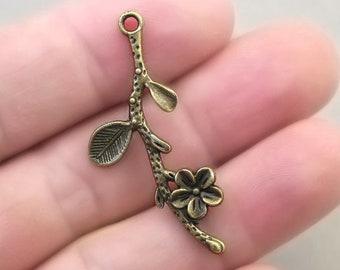 Flower Charms, Plum Blossom pendant beads, up to 30 pcs, Antique Bronze 18X41mm CM0160B