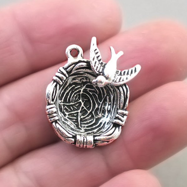 Bird Nest Charms, Bird Nest 3D pendant beads, up to 4 pcs, Antique Silver 25X25X10mm CM1618S