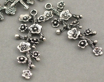 Flower Charms, Cherry Blossom pendant beads, up to 6 pcs, Antique Silver 16X42mm CM0110S