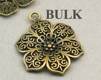 BULK 20 Flower Charms, Wholesale Filigree Flower pendant beads, Antique Bronze 24X32mm CM1229B