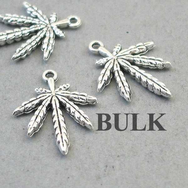 BULK 30 Weed Charms, Wholesale Pot Leaf pendant beads, Antique Silver 18X24mm CM1624S