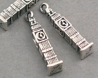 Big Ben Charms, London Clock Tower 3D pendant beads, up to 8 pcs, Antique Silver 5X25mm CM0267S