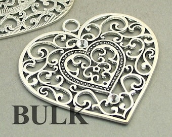 BULK 5 Heart Charms, Wholesale Large Filigree Heart pendant beads, Antique Silver 55X56mm CM1757S