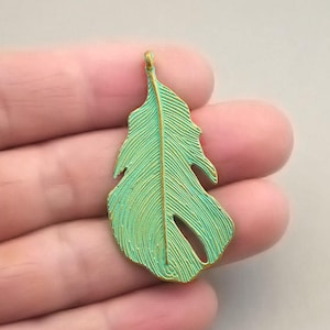 Feather Charms, Green Large Feather pendant beads, up to 15 pcs, Antique Gold 25X47mm CM0014GR