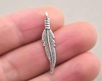 Feather Charms, Small Feather pendant beads, up to 16 pcs, Antique Silver 6X31mm CM1190S