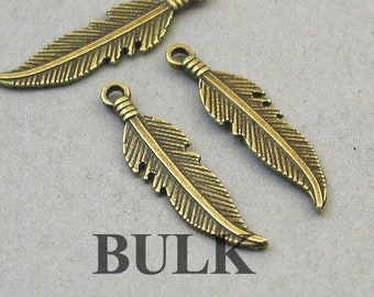 BULK 50 Feather Charms, Wholesale Feather pendant beads, Antique Bronze 7X26mm CM1684B