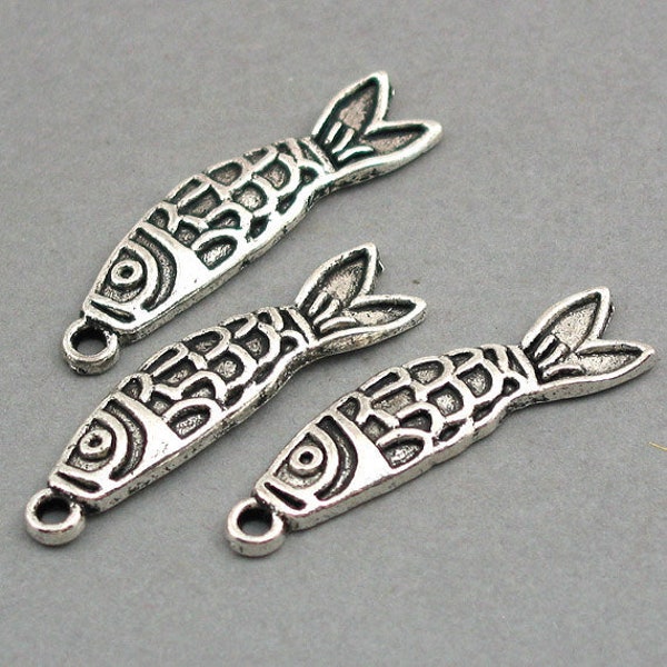 Fish Charms, Carp pendant beads, up to 12 pcs, Antique Silver 9X37mm CM0211S