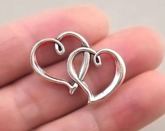 10 Double Heart Charms 2 Hearts Pendants Antiqued Silver Love Findings