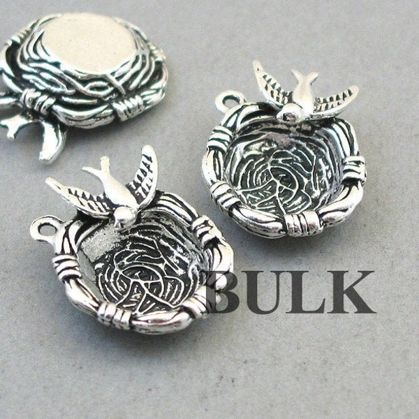 BULK 10 Bird Nest Charms, Wholesale Bird Nest 3D pendant beads, Antique Silver 25X25X10mm CM1618S