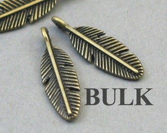 BULK 50 Feather Charms, Wholesale Small Feather pendant beads, Antique Bronze 6X21mm CM1639B