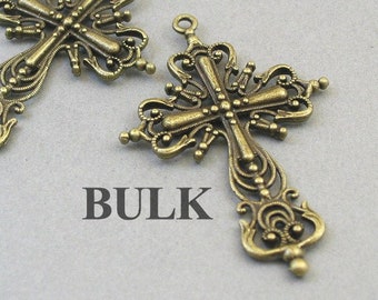 BULK 5 Cross Charms, Wholesale Filigree Large Cross pendant beads, Antique Bronze 42X64mm CM1598B