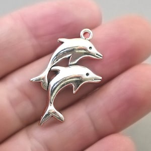 Dolphin Charms, Double Dolphin pendant beads, up to 15 pcs, Antique Silver 22X34mm CM1584S
