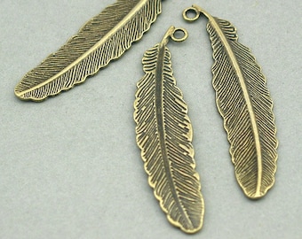 Feather Charms, long feather pendant beads, up to 8 pcs, Antique Bronze 12X52mm CM0519B