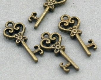 Charmes clés, perles pendentif clé squelette, jusqu'à 16 pièces, bronze antique 8X21mm CM0440B