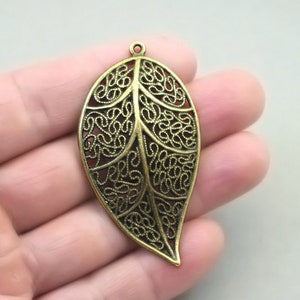 Large Leaf Charms, Large Filigree Leaf pendant beads, up to 10 pcs, Antique Bronze 30X57mm CM1158B