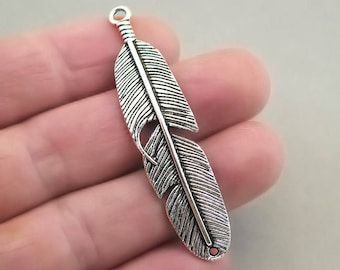 Feather Charm Connectors, Feather Link pendant beads for Bracelet, up to 6 pcs, Antique Silver 14X58mm CM1107S