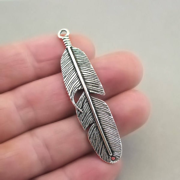 Feather Charm Connectors, Feather Link pendant beads for Bracelet, up to 6 pcs, Antique Silver 14X58mm CM1107S