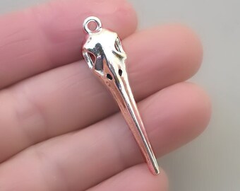 Bird Skull Charms, Raven Skull 3D pendant beads, Long Beak, up to 10 pcs, Antique Silver 11X44mm CM1939S