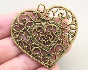 Heart Charms, Large Filigree Heart pendant beads, up to 2 pcs, Antique Bronze 55X56mm CM1757B