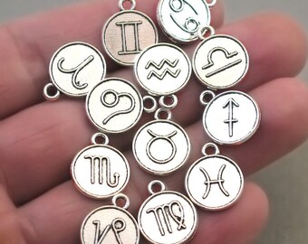 Zodiac Sign Charms, Horoscope Symbol Birthday Disc pendant beads, up to 12 pcs a sign or whole set, Antique Silver 12mm CM1613SA-L