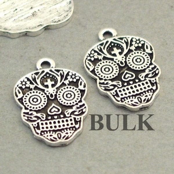 BULK 25 Skull Charms, Wholesale Sugar Skull pendant beads, Black Antique Silver 14X21mm CM1103S